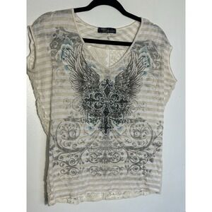 Angels & Diamonds‎ Y2K Winged Cross Graphic Top Small Lace Trim Rhinestone